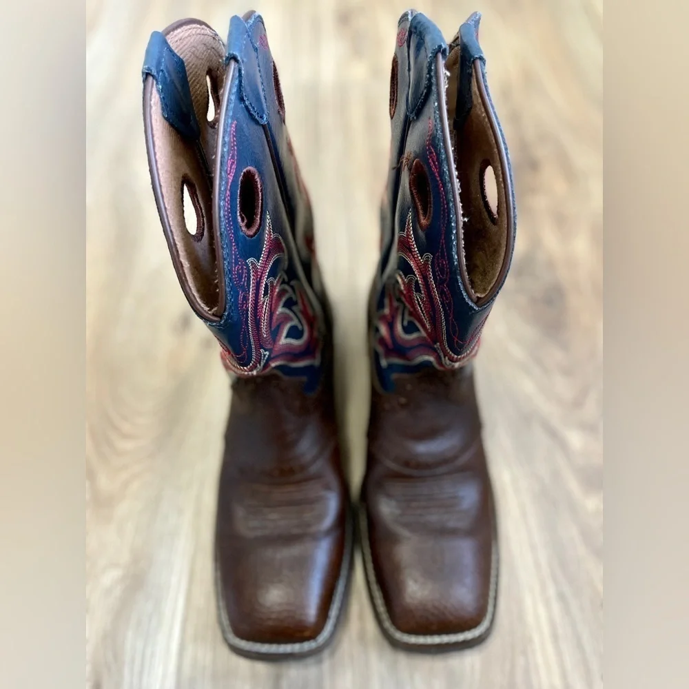 2520JR Childrens Justin Lasso Western Boots Square Toe Brown/Blue Size 4 D